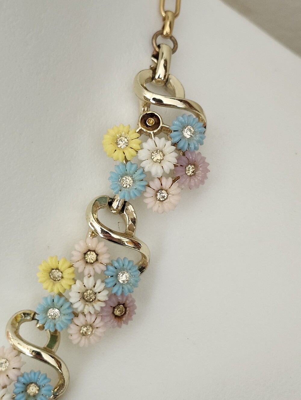 Vtg Pastel Floral Gold-Tone Necklace - Pink, Blue & Yellow - Picture 3 of 16